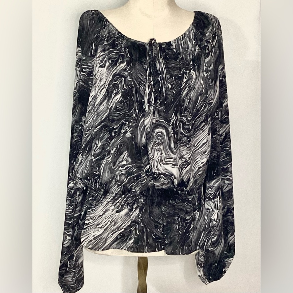 Michael Kors Black & White Marbled Tie Front Blouse